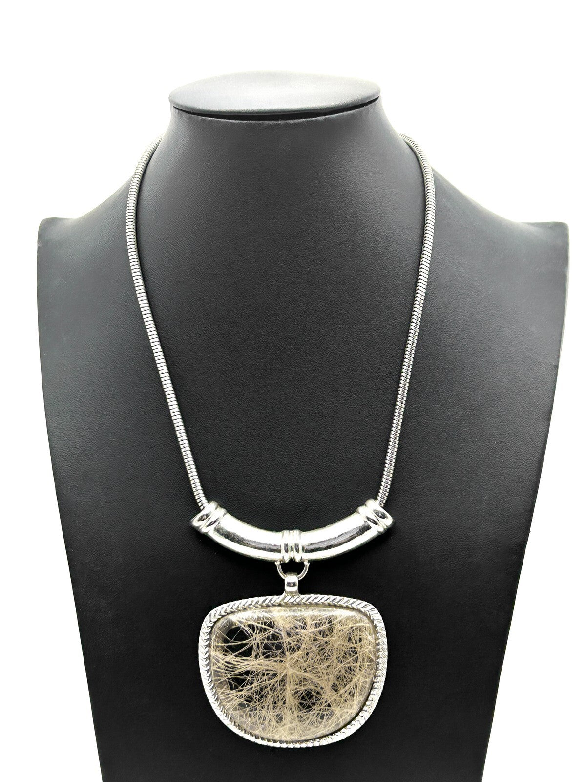 Silver Tone Statement Necklace with Faux Rutilated Quartz Pendant – 18.5”