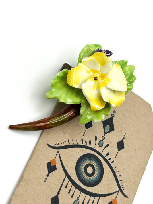 Vintage SylvaC China Flower Brooch Yellow Green Floral Pansy Ceramic Pin 6cm