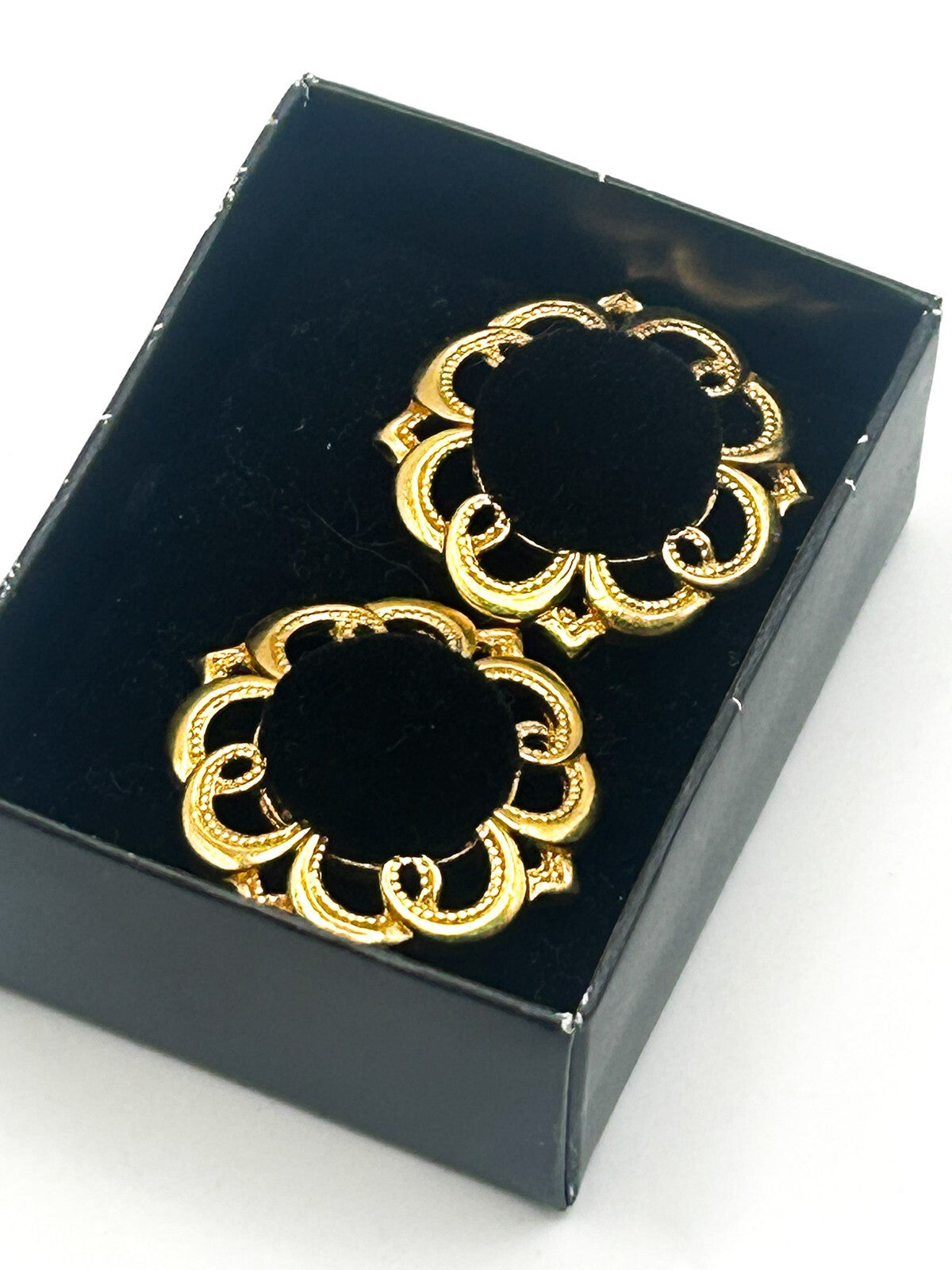 Black Velvet & Gold Tone Floral Stud Earrings – 3cm