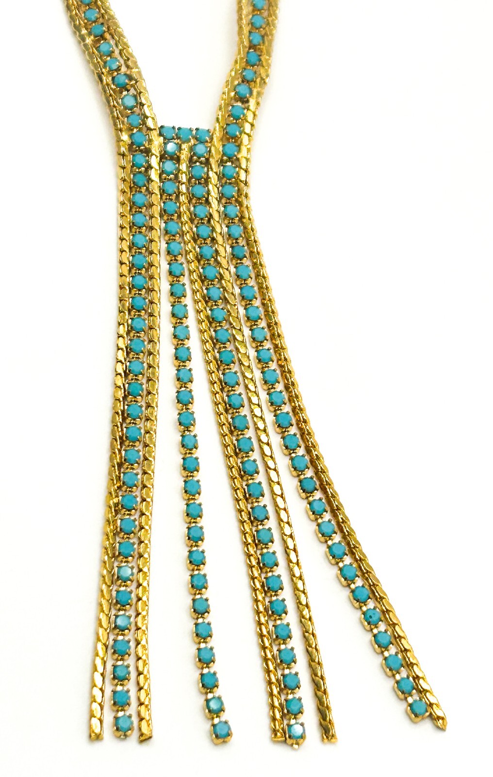 Gold Tone Turquoise Glass Lariat Necklace – Vintage Mesh Tassel Design