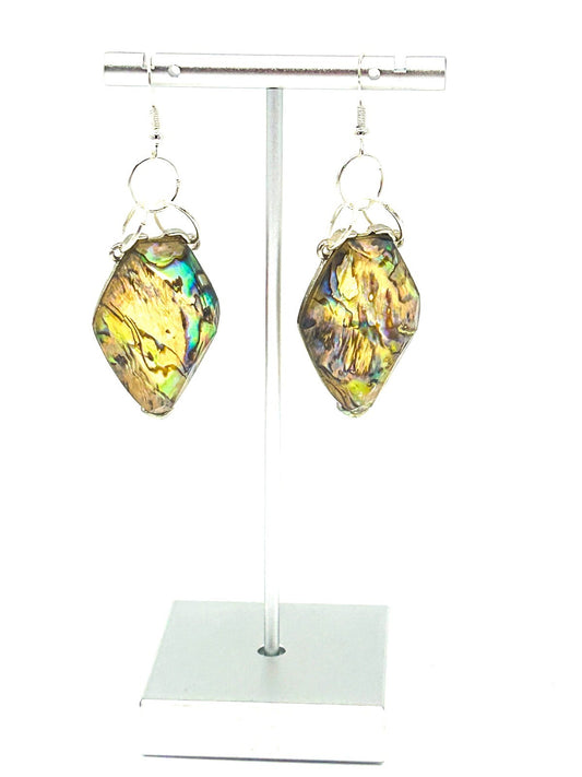 Chunky Abelone Earrings encased in Resin & Silver Tone, Shell, Natural