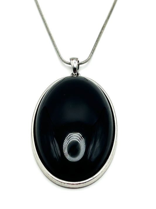 Black Cabochon Pendant Necklace Silver Tone Oval Statement Necklace