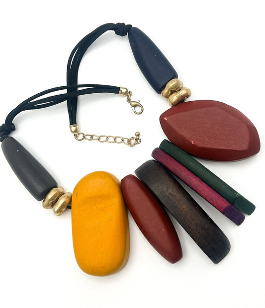 Chunky Abstract Wood Statement Necklace on Black Cord Multi Colour