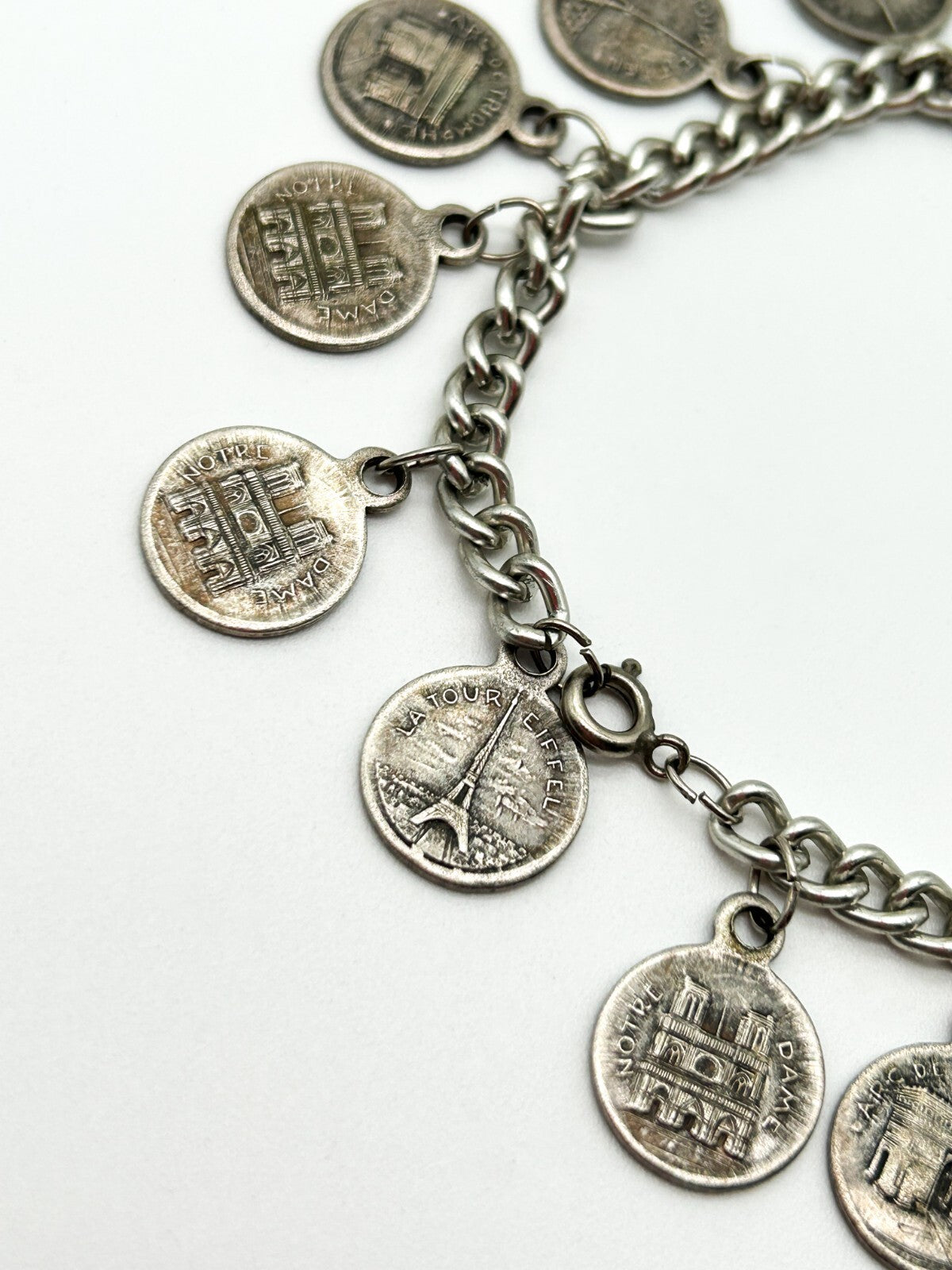 Vintage Paris Souvenir Coin Charm Bracelet with Eiffel Tower & Notre Dame Charms