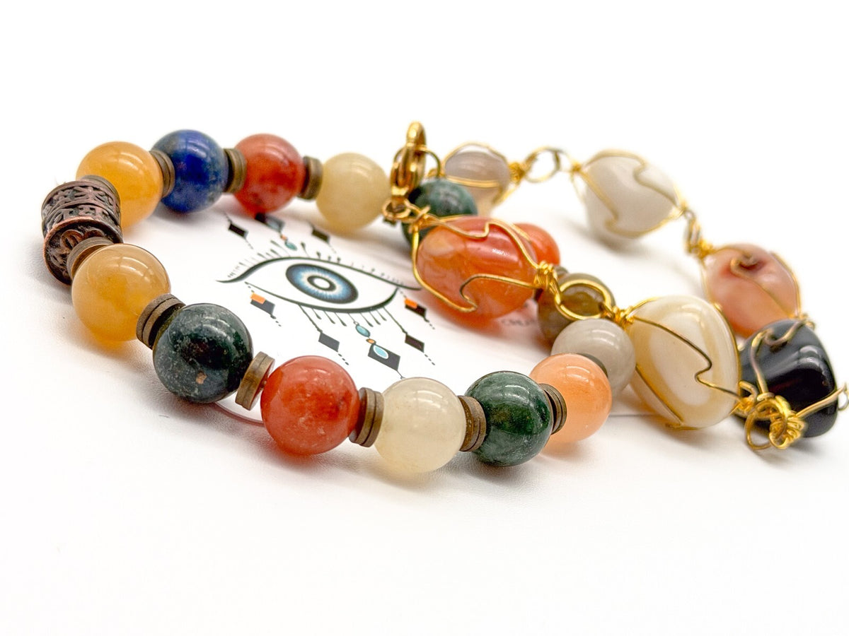 Carnelian Agate Citrine Gemstone Bracelet Duo – Wire Wrapped & Stretch Set