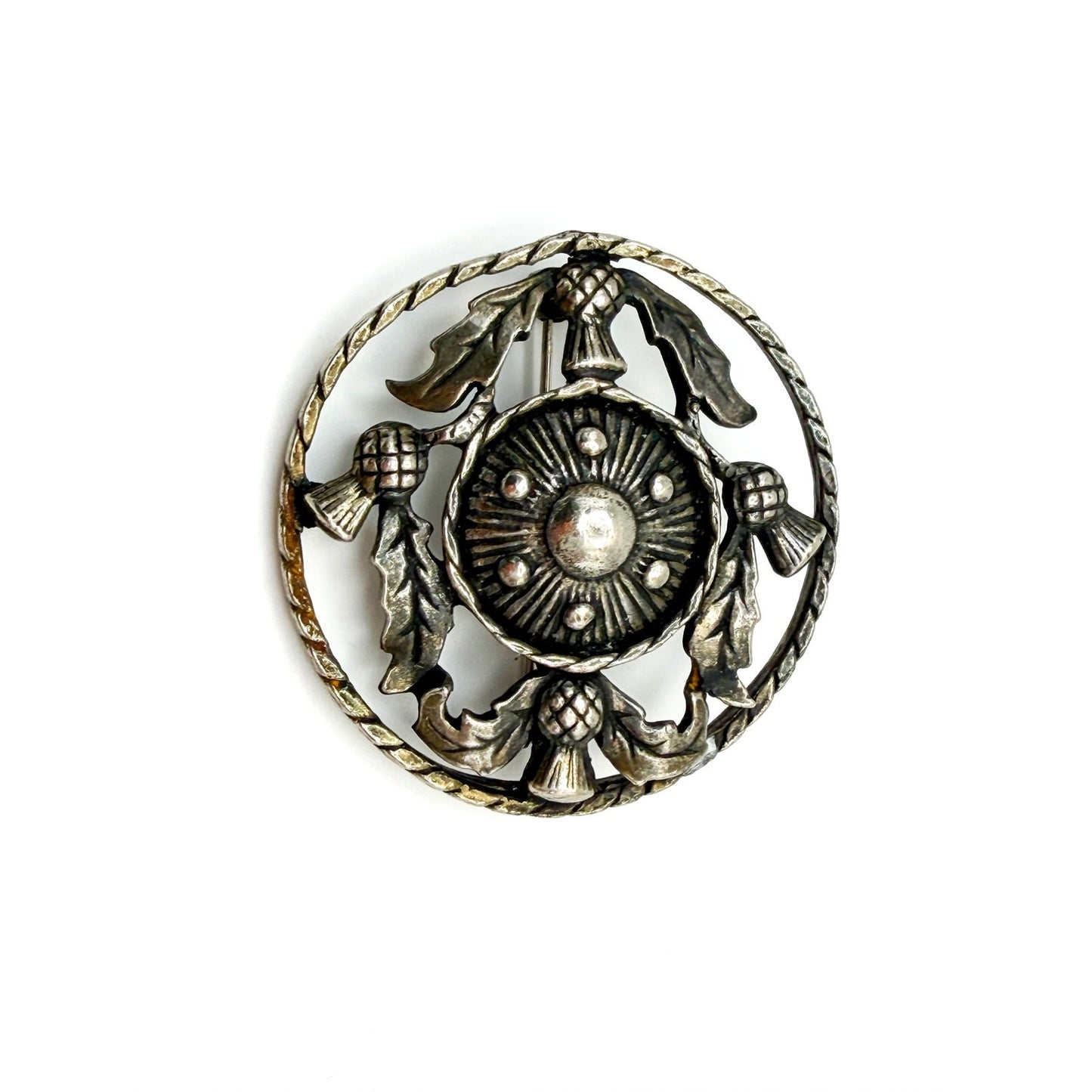 Vintage Scottish Thistle Brooch – Pewter Silver Tone Flower Round Brooch Pin