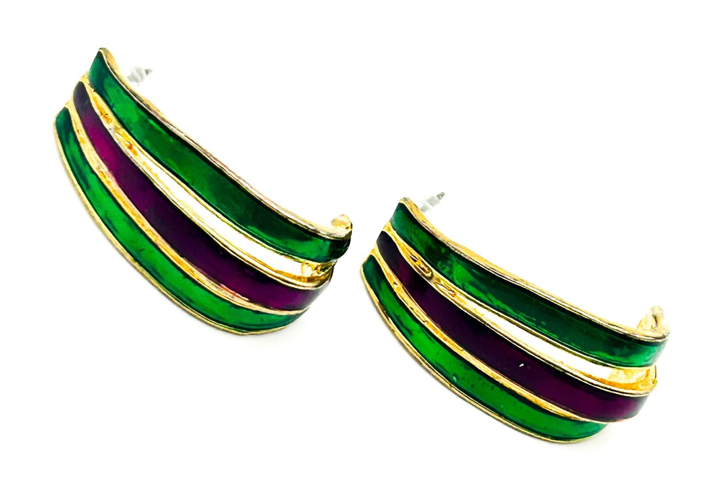 Vintage Dolphin Ore Enamel Earrings Green Purple Gold Tone Curved Statement