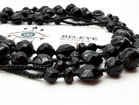 Vintage Black Glass Bead Long Necklace 30” Continuous Statement Strand