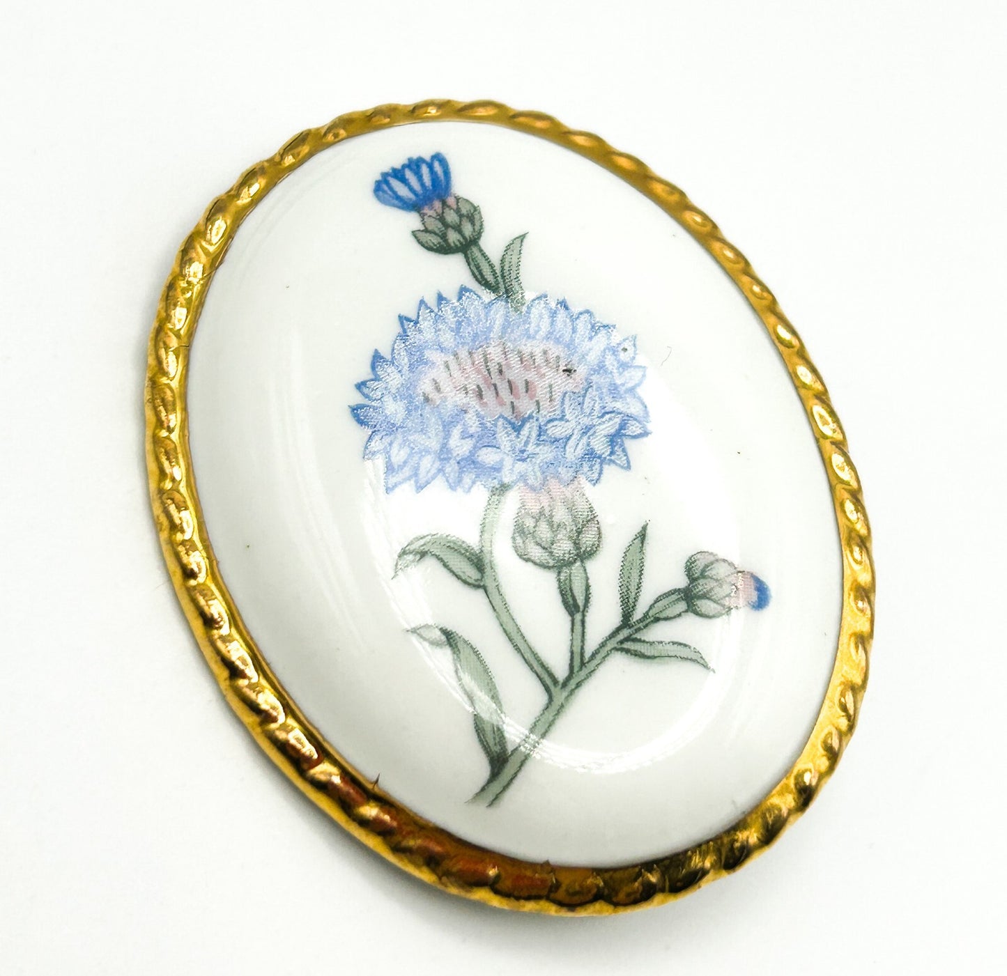 Aynsley Bone China Brooch Blue Floral Oval Gold Tone Vintage Pin