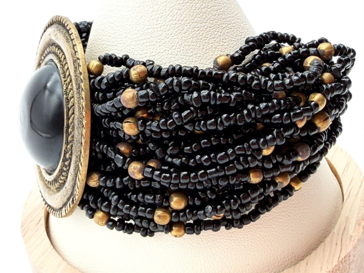 Vintage Chunky Black Seed Bead Bracelet Gold Tone Cabochon Statement Wide Cuff