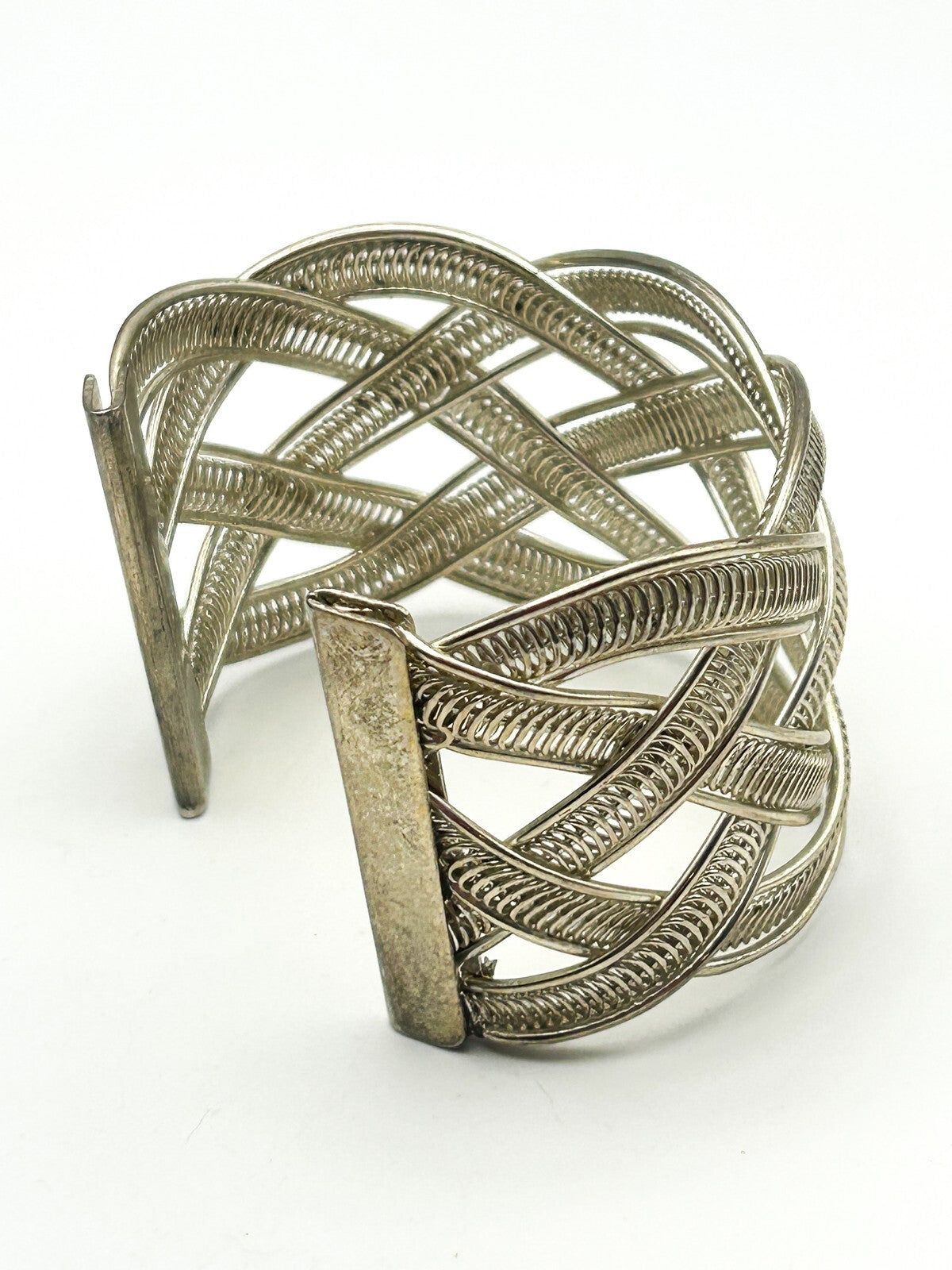 Chunky Woven Silver Cuff Bracelet Statement Braided Adjustable Bangle