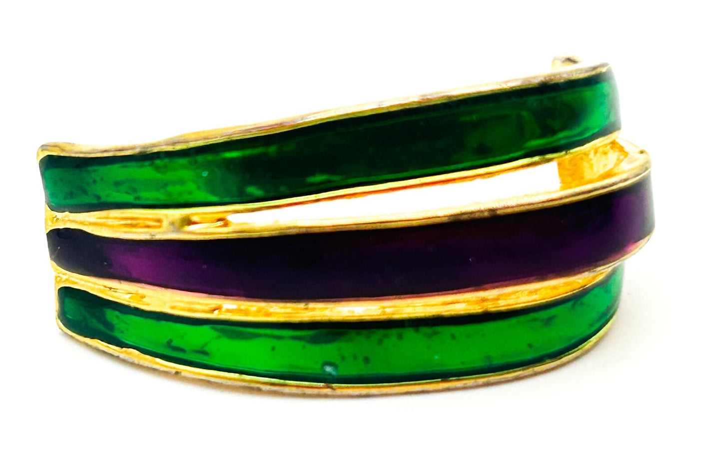 Vintage Dolphin Ore Enamel Earrings Green Purple Gold Tone Curved Statement