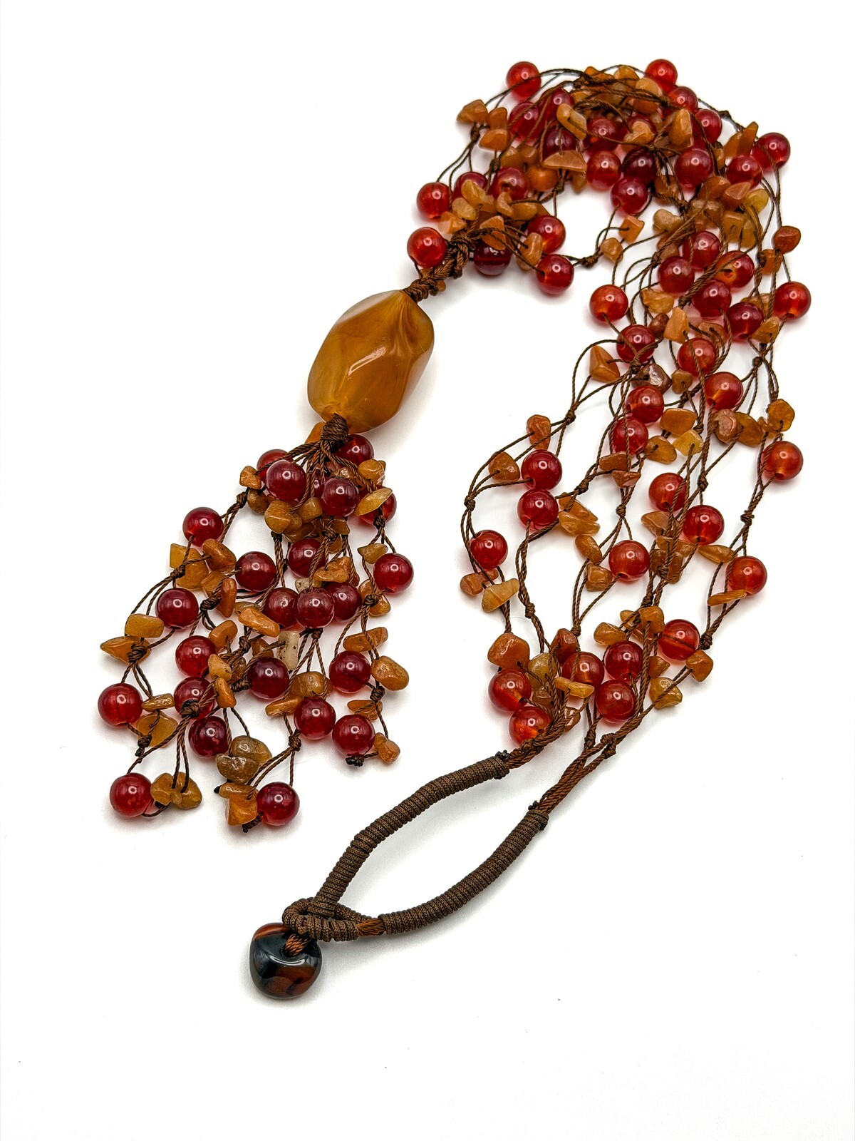 VTG Orange Glass, Acrylic & Carnelian Hand-knotted Statement Boho Necklace