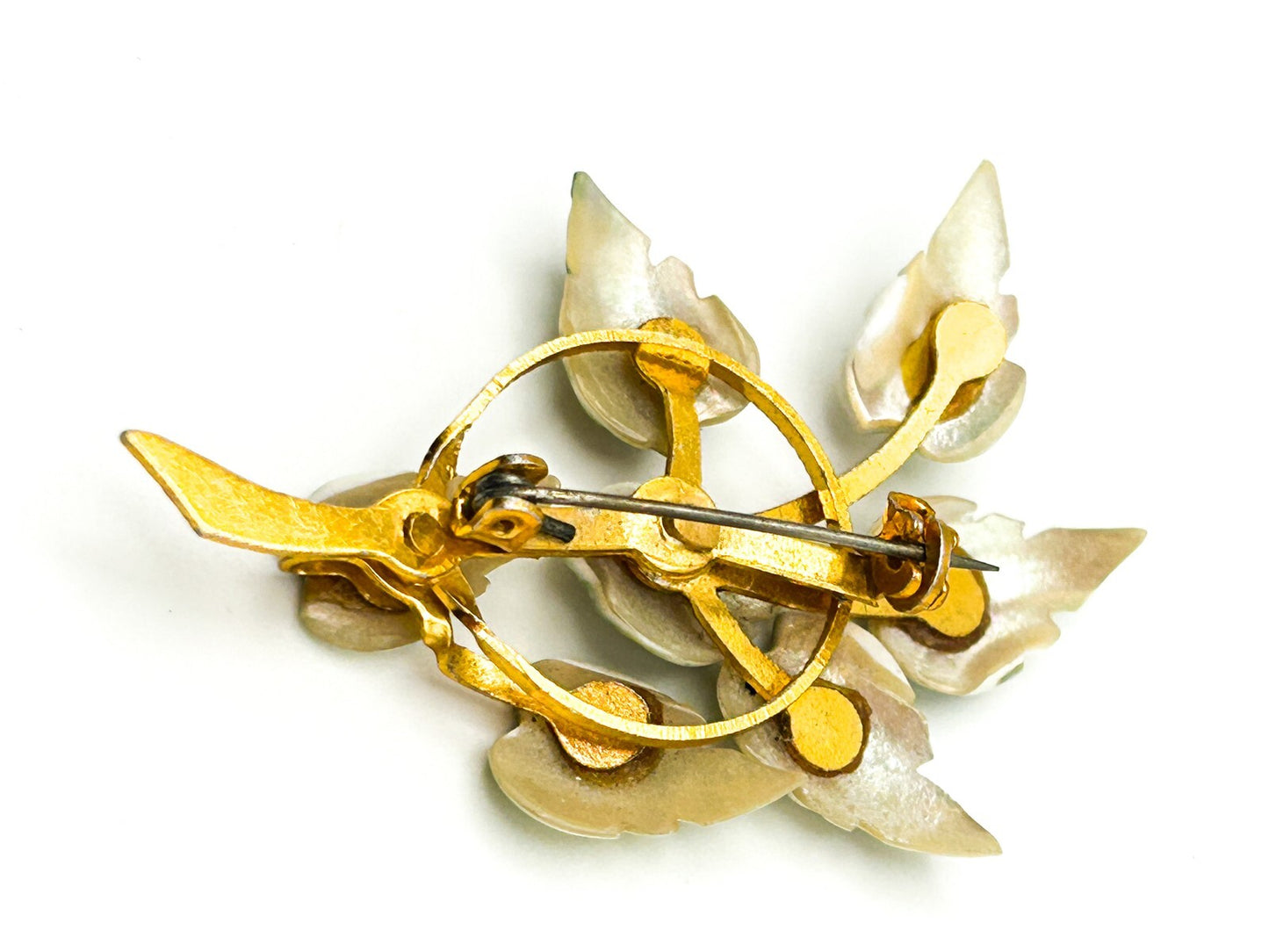 Vintage Shell Leaf Brooch Carved Green Gold Tone Floral Pin