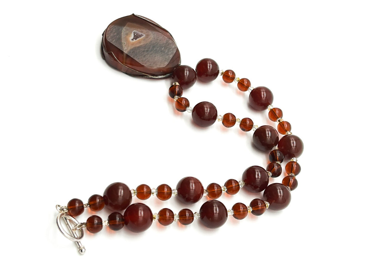 Carnelian Agate Pendant Necklace Quartz Inclusion Geode Artisan Gemstone  Boho