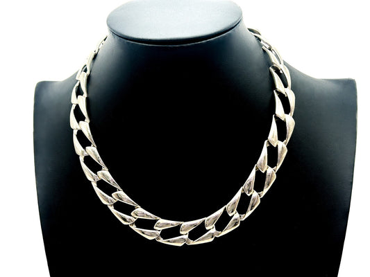 Silver Tone Chunky Flat Curb Chain Necklace – Wide Statement Link