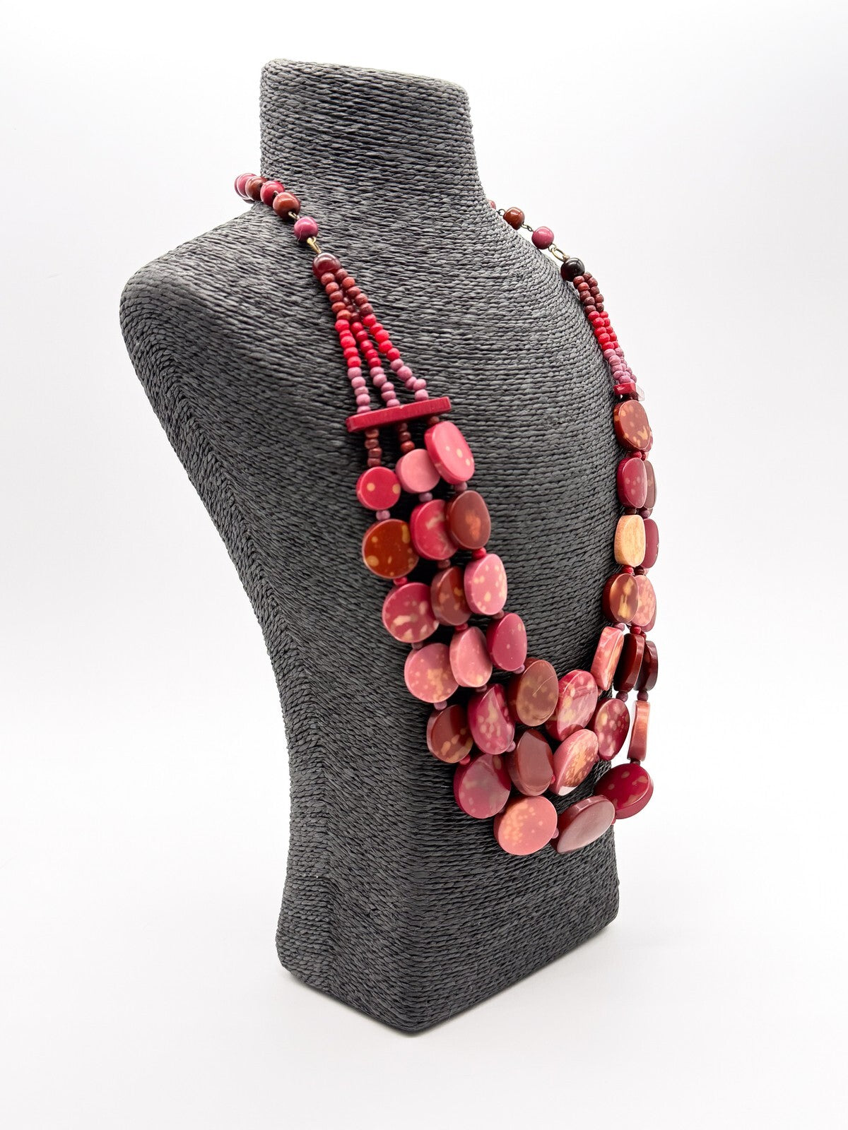 Triple Strand Pink Statement Necklace Red Disc Beads Chunky Layered 25"