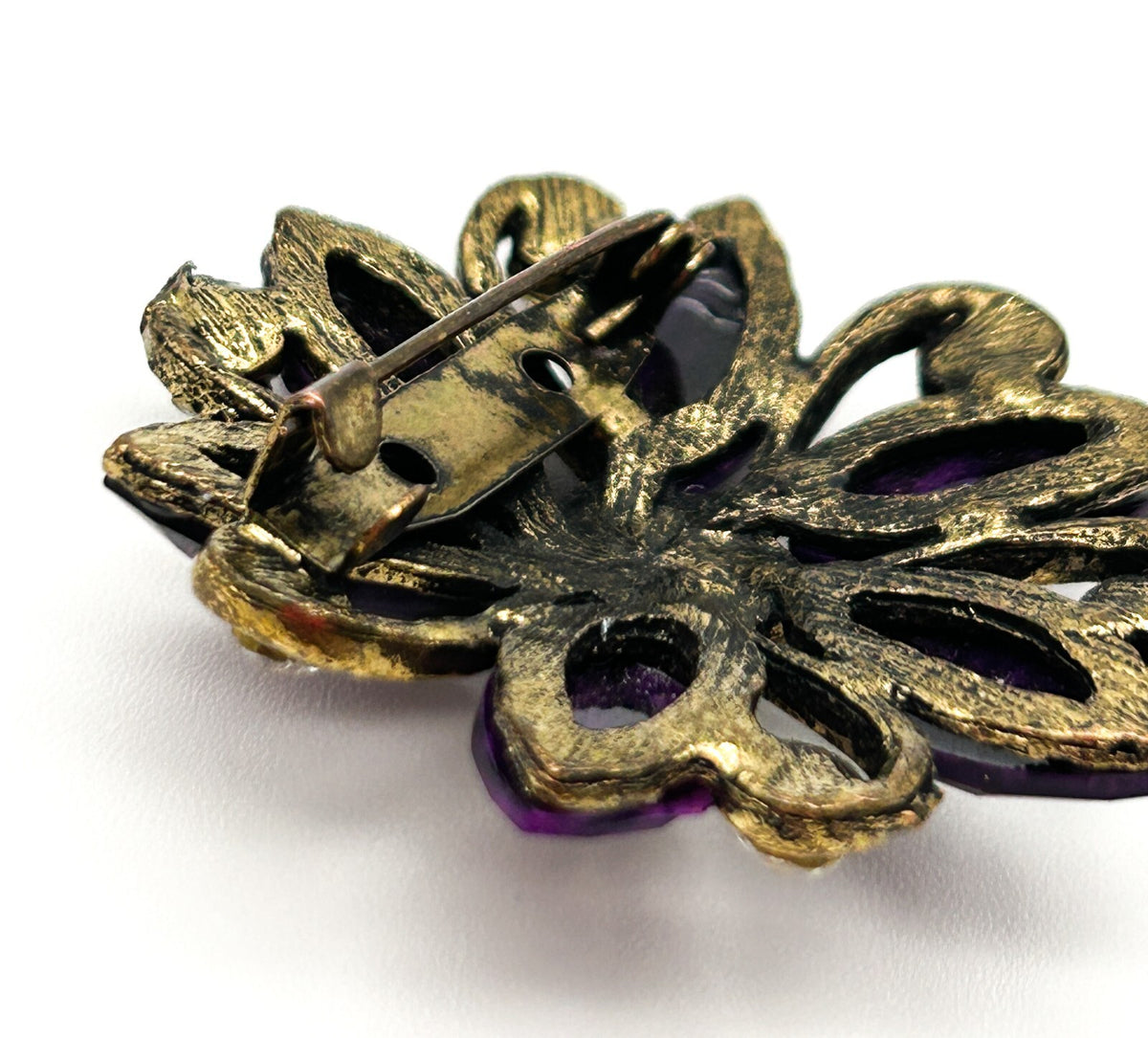 Vintage Floral Rhinestone Brooch Trio Purple Green Crystal Pins Bundle