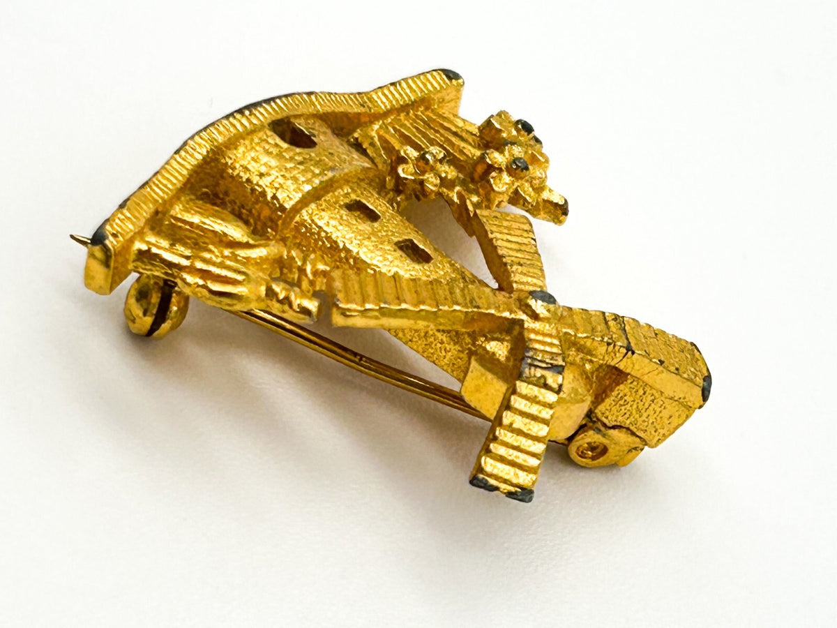 Vintage Gold Tone Dutch Windmill Scene Brooch Flowers Couple
