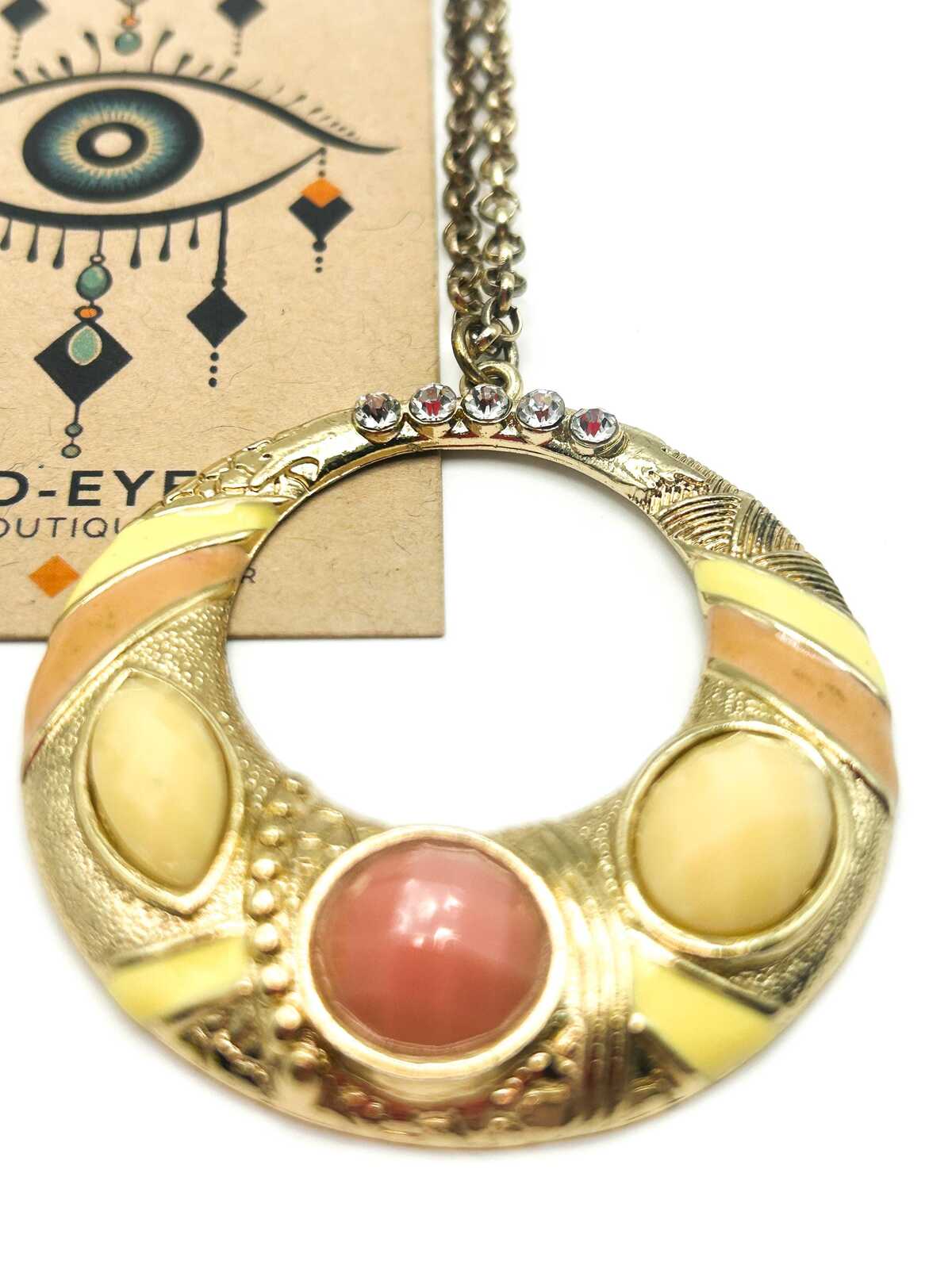 Vintage Gold Tone Hoop Pendant Necklace with Pink & Cream Cabochons – Statement