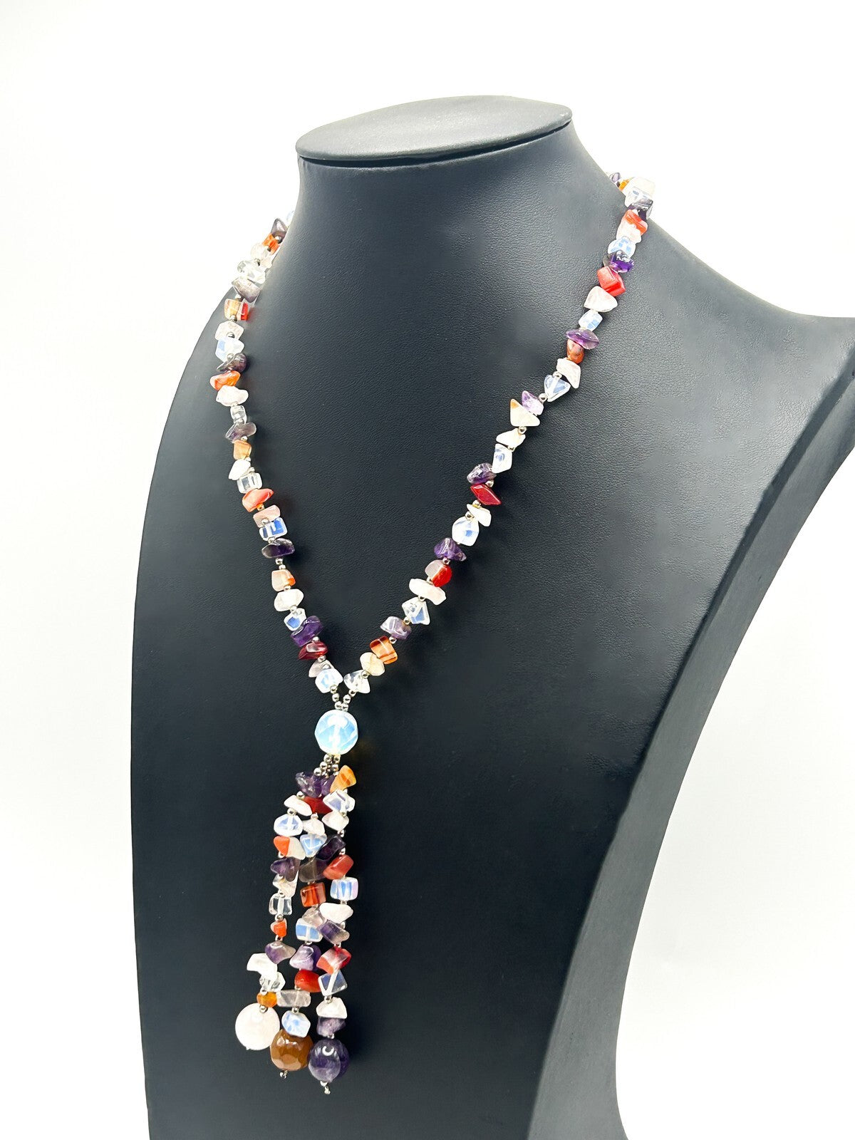 Gemstone Chip Necklace Tassel Drop Amethyst Carnelian Quartz Boho 18”