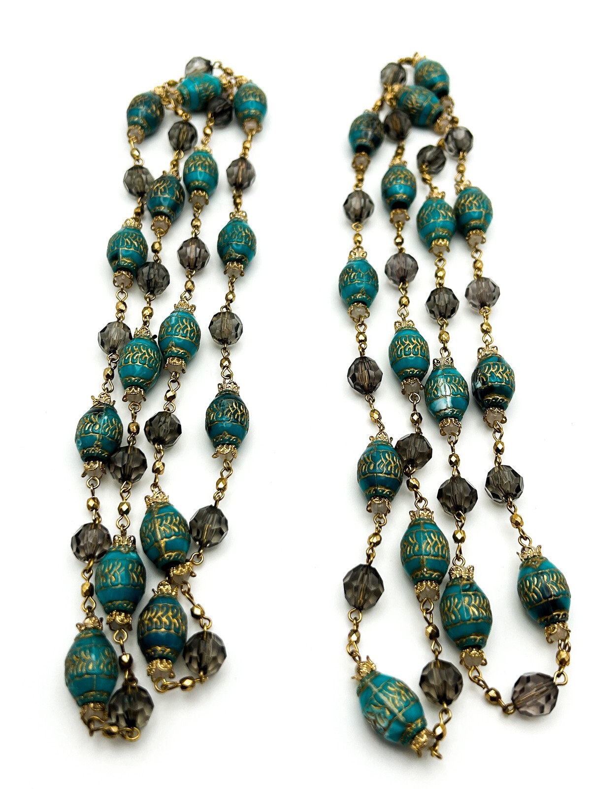 Vintage Style Turquoise & Smokey Acrylic Etched Barrel Bead Necklace Duo