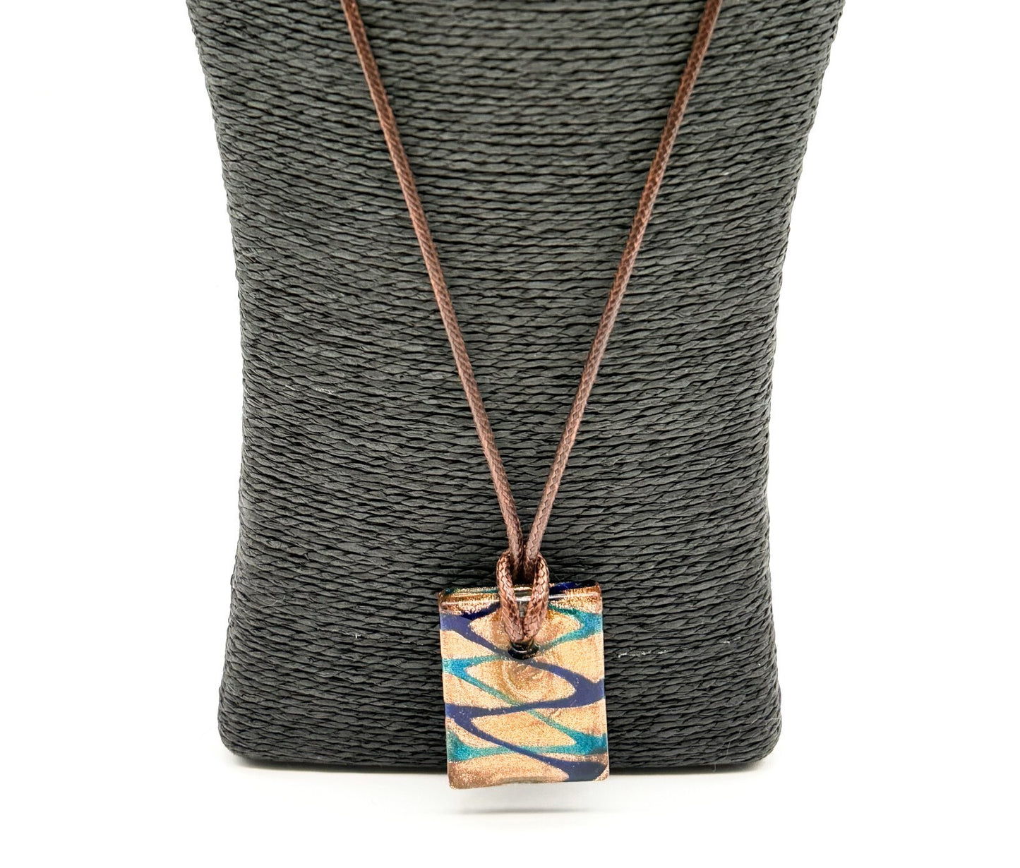 Murano Style Art Glass Pendant Necklace Gold Blue Turquoise Gold Blue Brown
