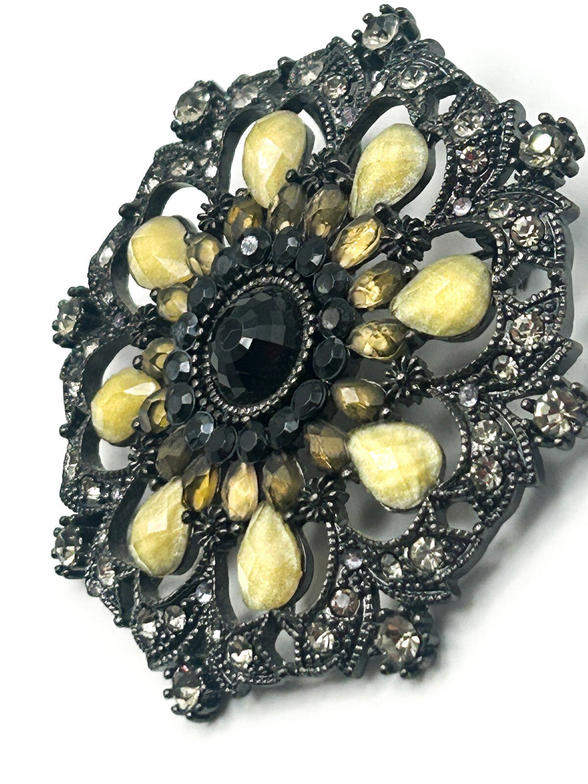Ornate Gunmetal Floral Rhinestone Vintage Brooch with Lemon Cabochons – 6cm