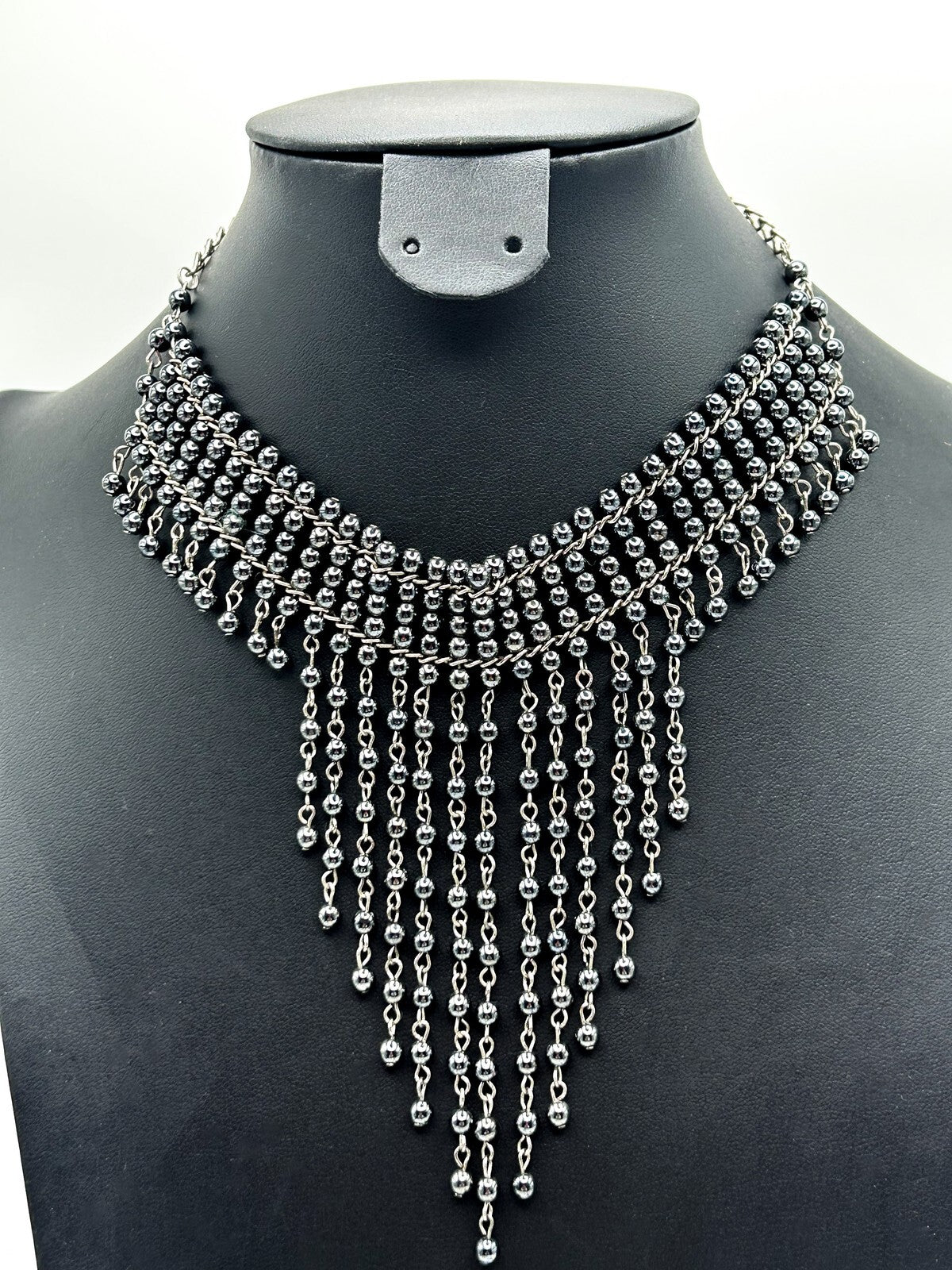 Gunmetal Glass Faux Pearl Tassel Choker Necklace – 34g