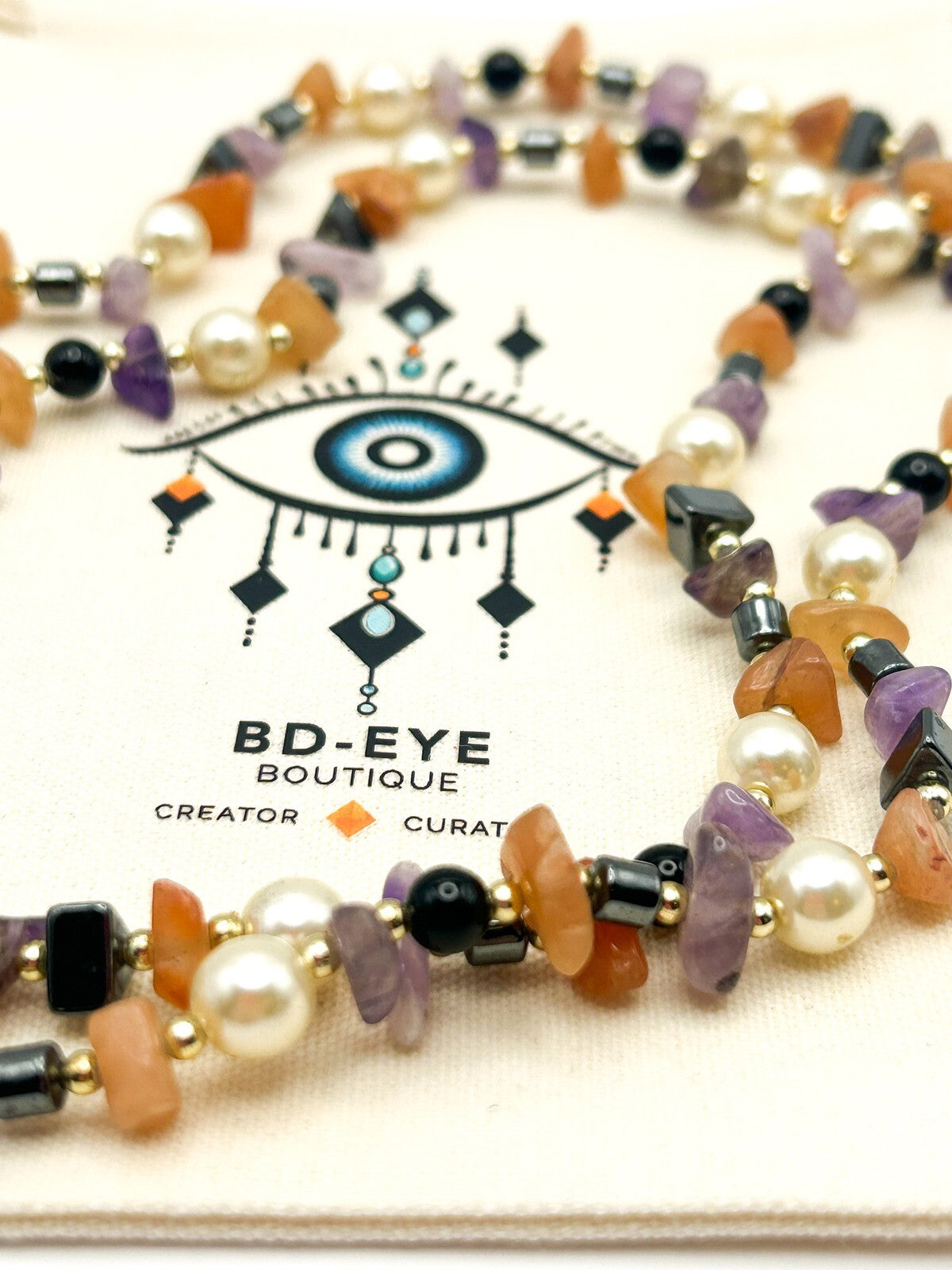 Gemstone Chip Necklace: Hematite, Amethyst, Carnelian & Faux Pearl