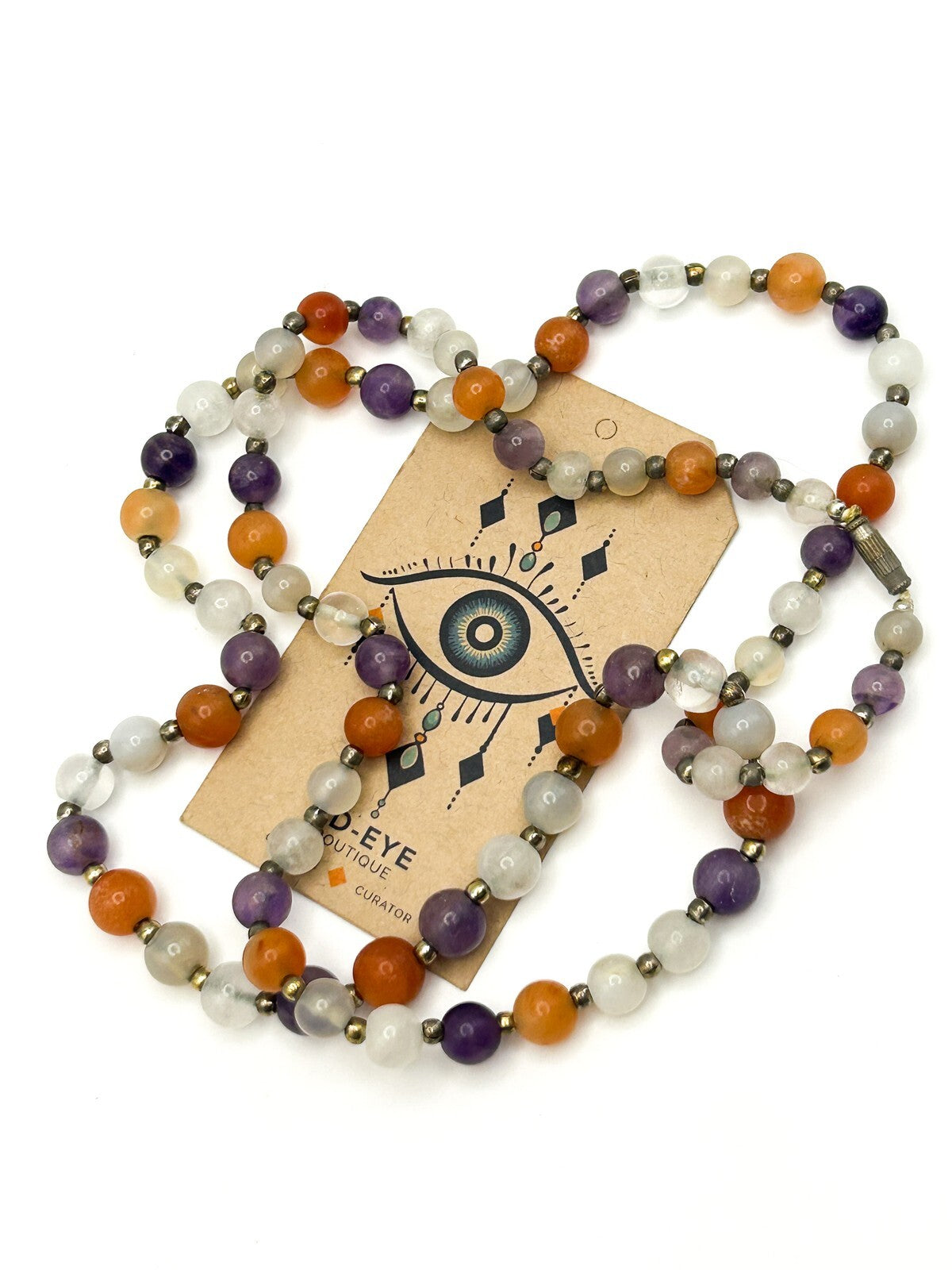 Vintage Carnelian, Amethyst & Quartz Gemstone Bead Necklace – 15” Orange Purple