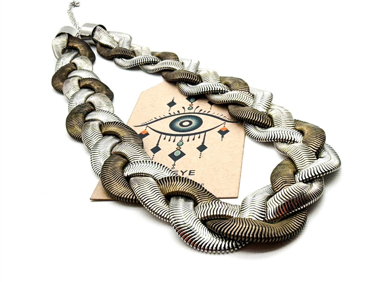 M&S Statement Necklace Mixed Metal Braided Snake Chain Wide Collar 18” Retro