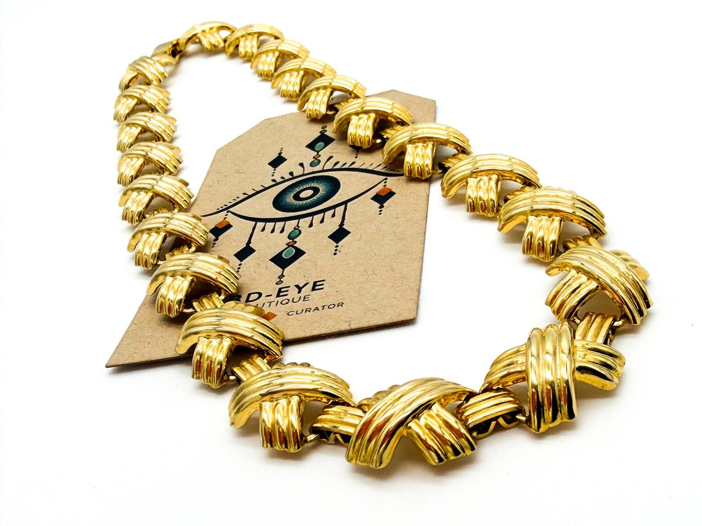Gold Tone Ribbed X Link Articulated Statement Necklace 18” 80s Napier Inspired