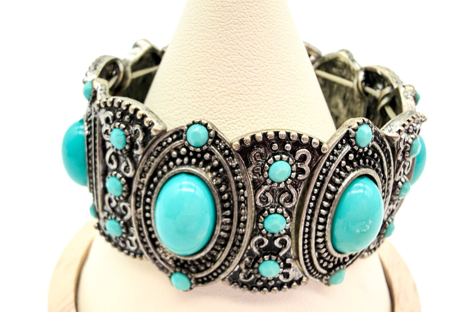 Ornate Faux Turquoise Stretch Cuff Bracelet Silver Tone Statement Boho Statement