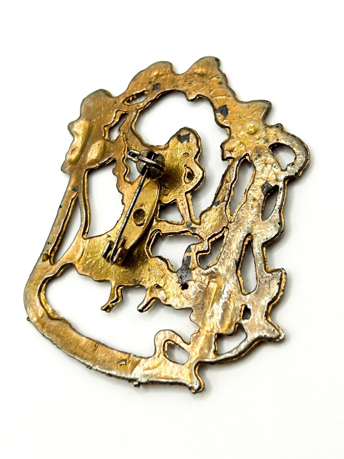 Vintage Art Nouveau Revival Lady Brooch Figural Woman Floral Openwork Gold Tone