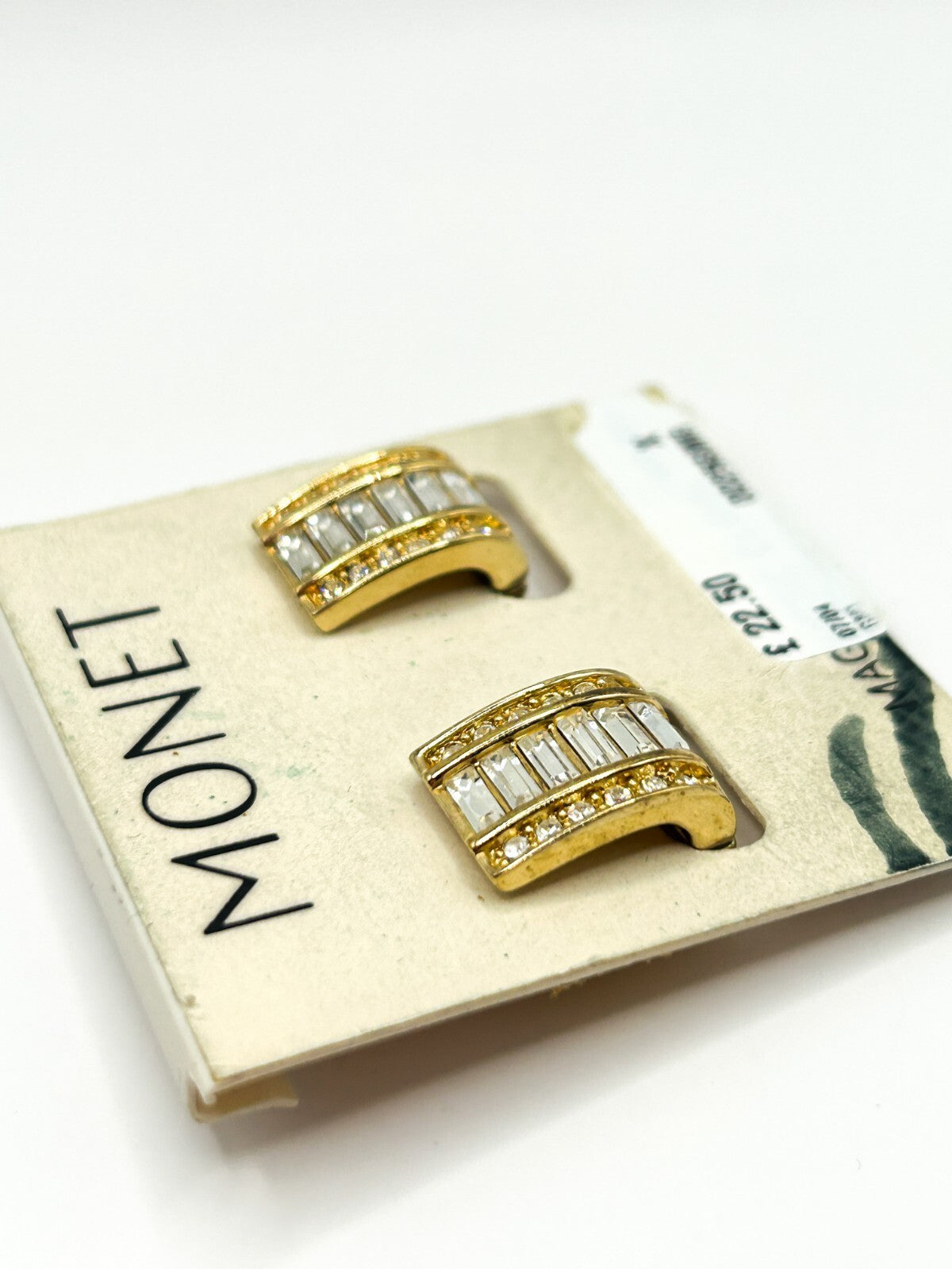 Vintage Monet Gold Tone Baguette Rhinestone Magnetic Earrings Original Card