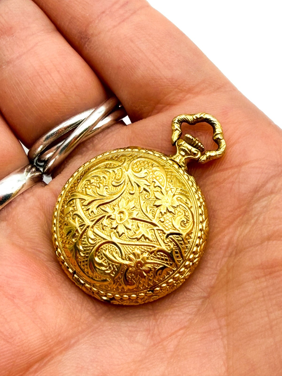 W&S Gold Tone Engraved Hunter-Style Pocket Watch Pendant Charm