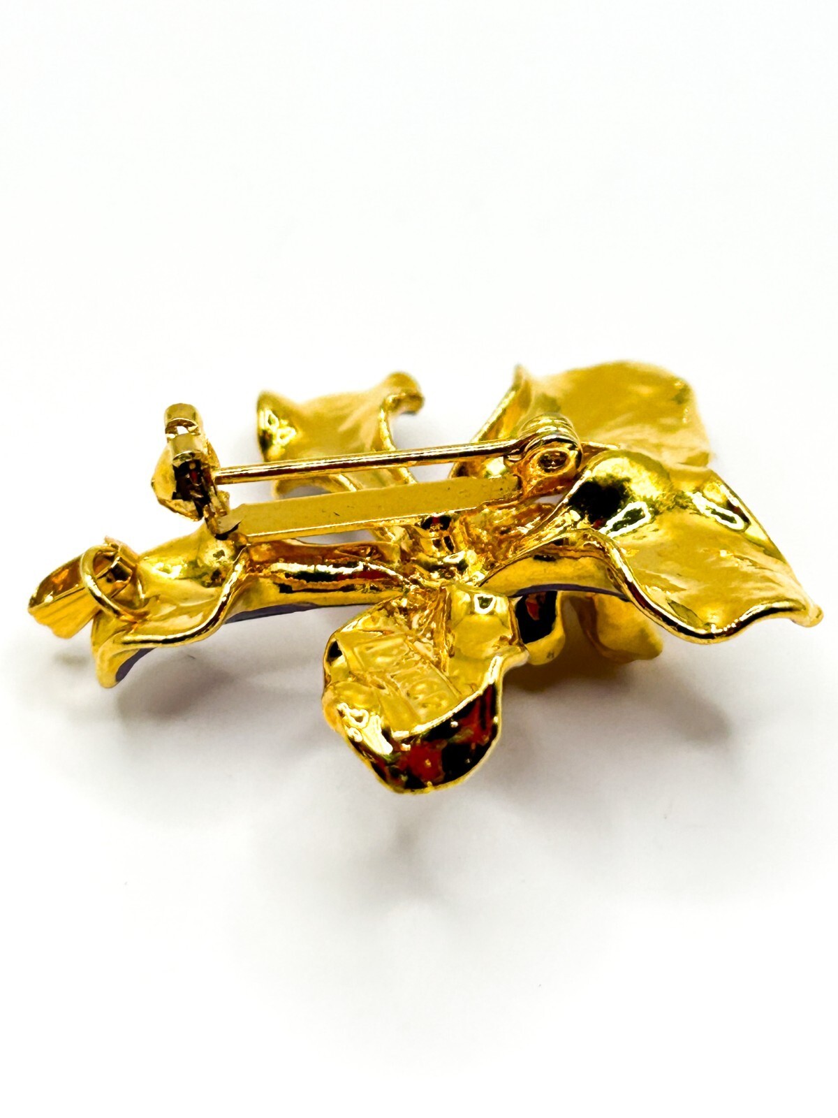 Vintage Purple Enamel Orchid Brooch 22K Gold Plated Floral Flower Jewellery