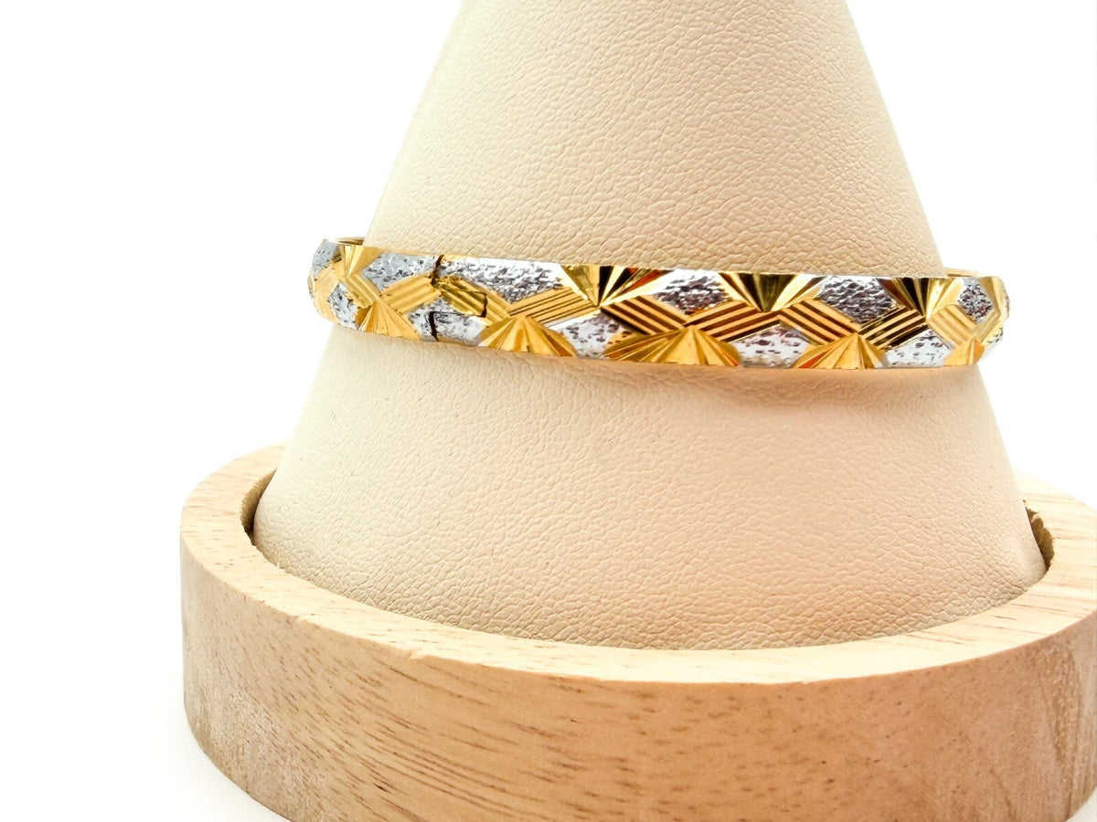 Gold Tone Diamond Cut Hinged Bangle Bracelet Silver Tone Accents Geometric