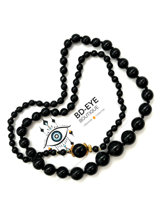 Vintage Graduated Black Glass Bead Necklace Hand Knotted Gold Tone Clasp 25.5”