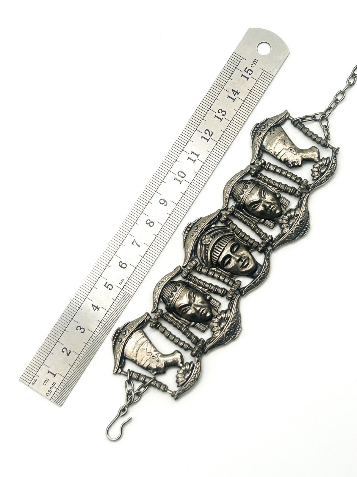 Vintage Ethnic Revival Silver Tone Panel Bracelet