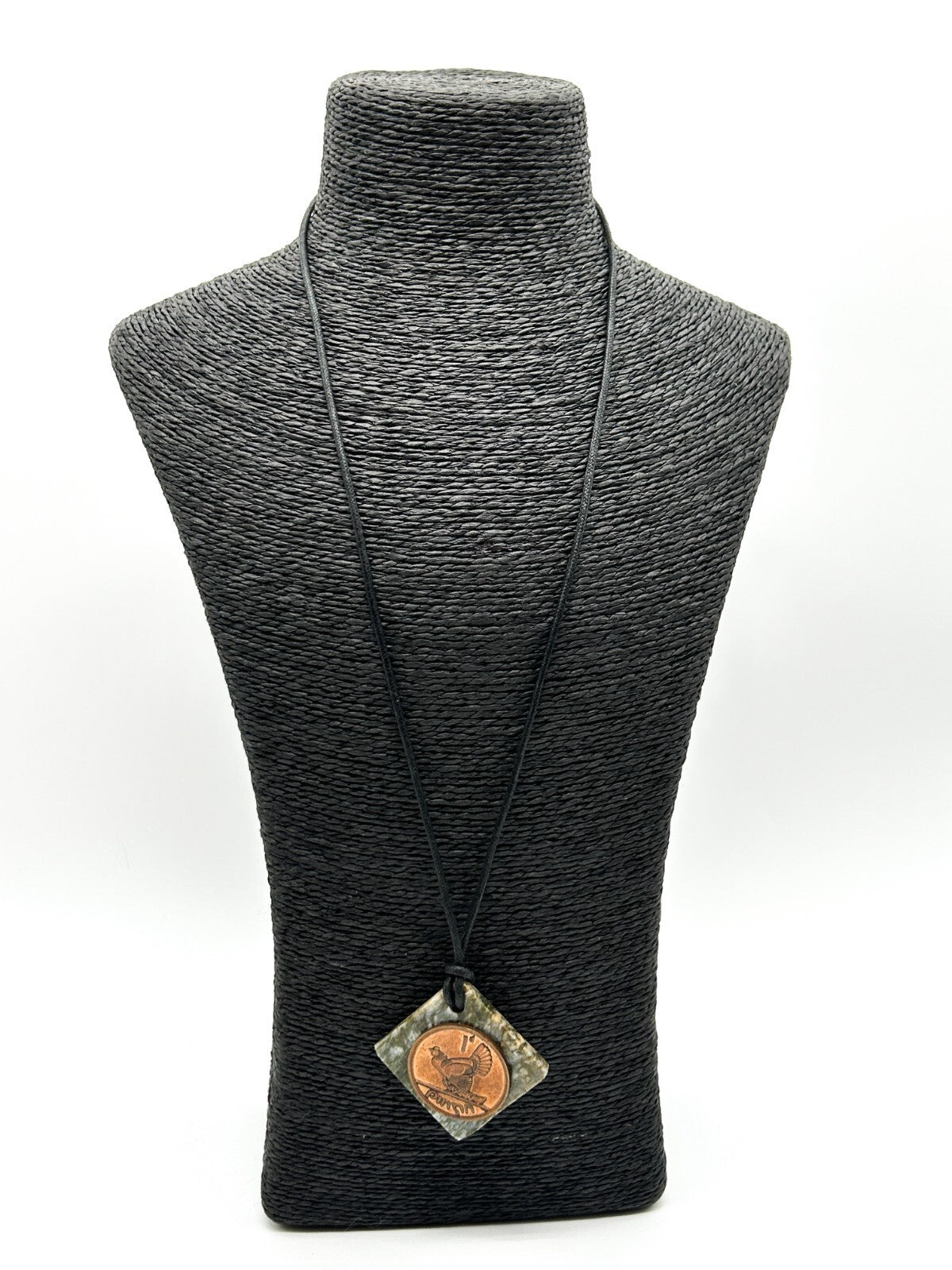 Vintage Irish Pingin Penny Coin Connemara Marble Pendant Necklace Hen Chicks