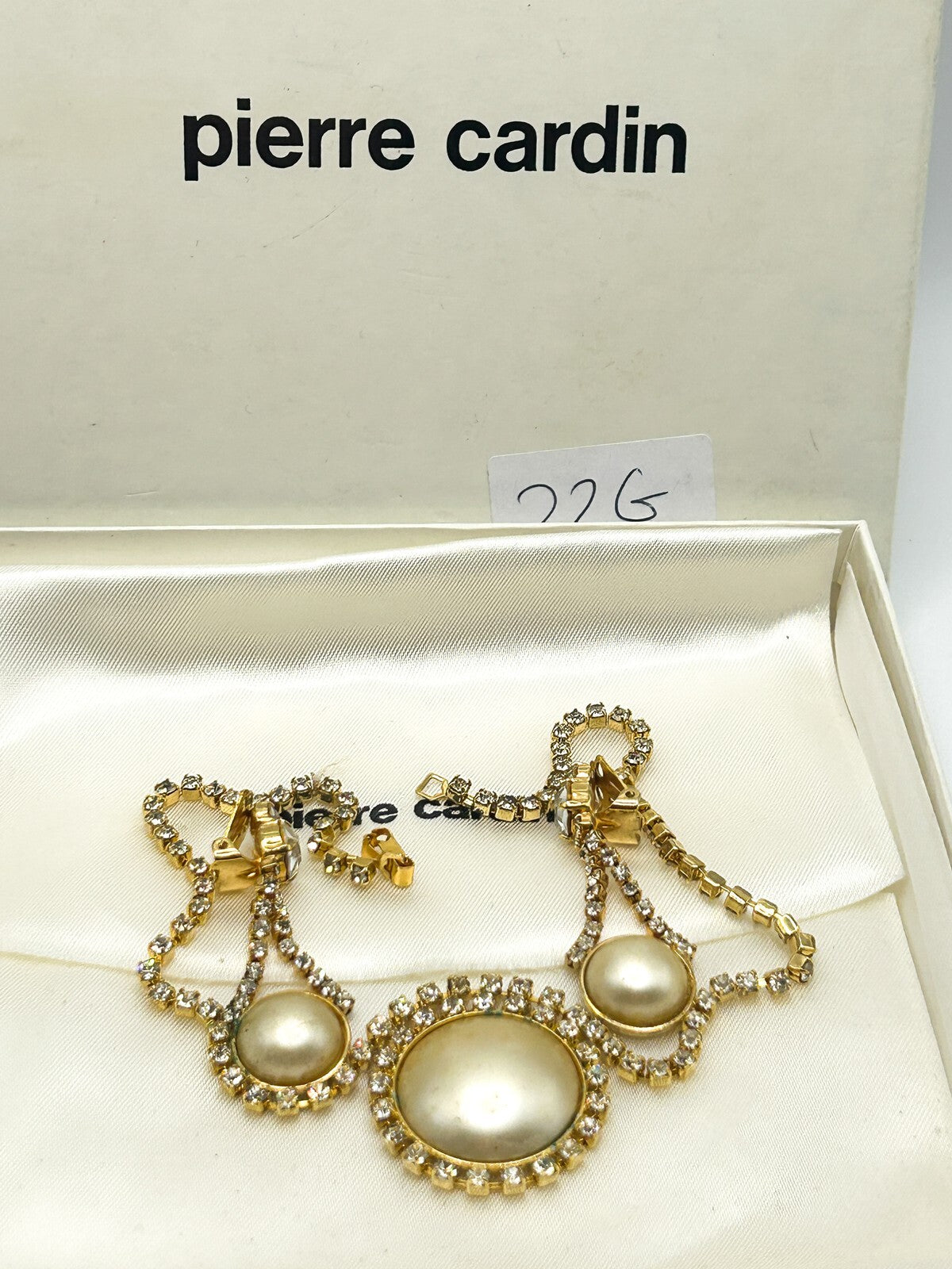 Vintage Pierre Cardin Faux Pearl & Rhinestone Necklace and Earrings - Gold Tone