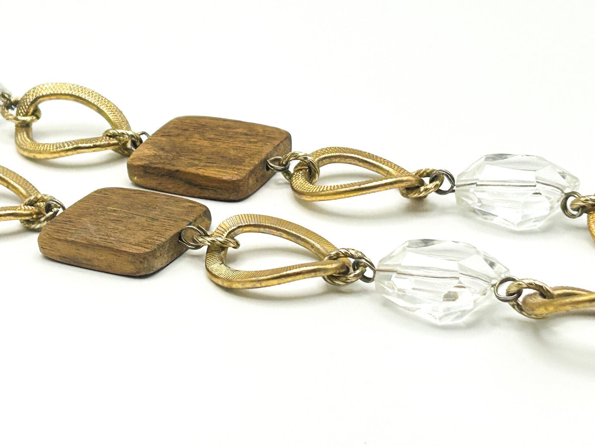 Long Linked Wood, Gold Tone & Clear Acrylic Statement Necklace