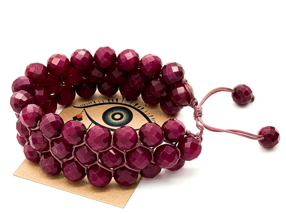 Faceted Jade Bracelet Mauve Beaded Macrame Adjustable Cuff Multi Row Woven