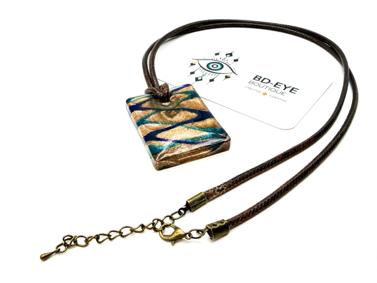 Murano Style Art Glass Pendant Necklace Gold Blue Turquoise Gold Blue Brown