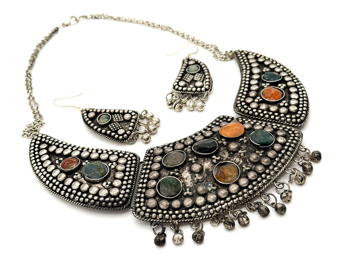 Vintage Statement Bib Necklace Set Silver Tone Ethnic Turkish Style Earrings