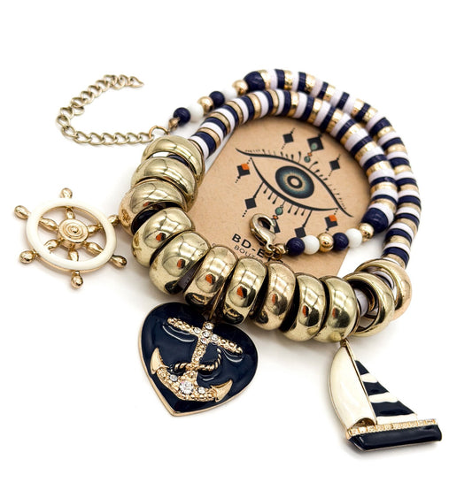 Y2K Nautical Charm Necklace Gold Tone Enamel Anchor Sailboat Statement Summer