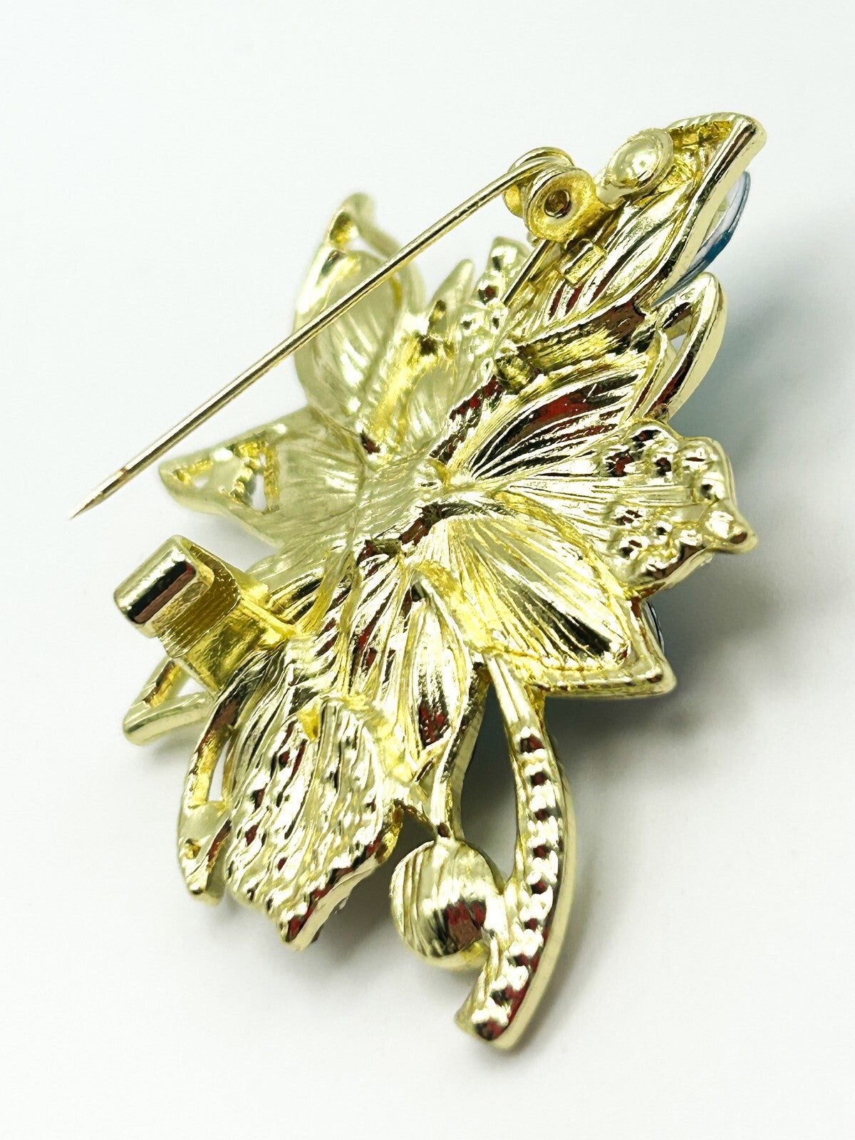Blue Rhinestone Floral Brooch Bouquet Gold Tone Marquise Crystal Flower Pin