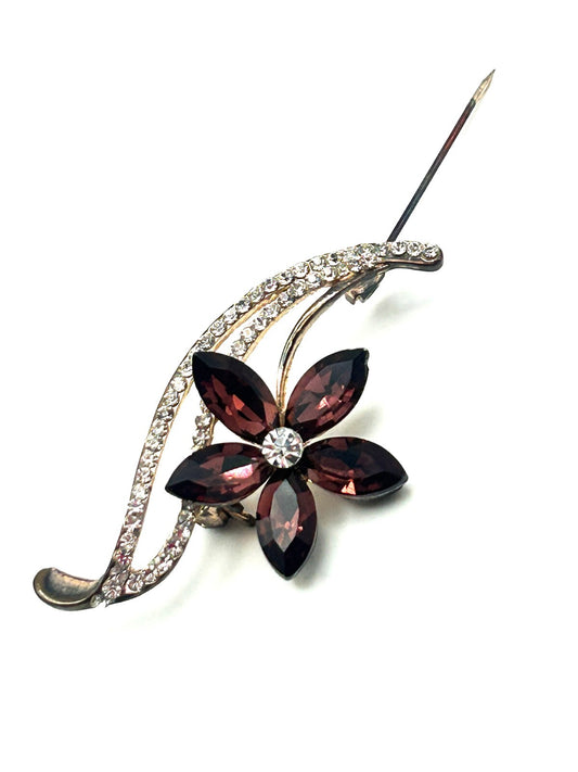 Vintage Purple Rhinestone Flower Brooch with Clear Pavé Leaf Detail
